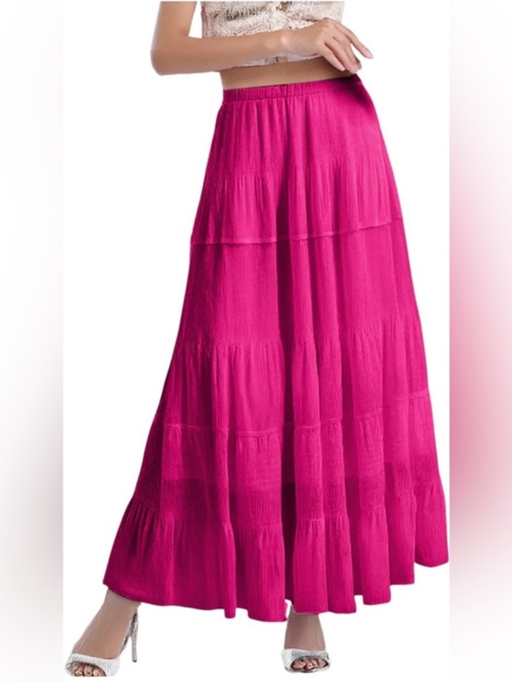 Chiffon Elastic Waist Pleated A-Line Flared Maxi Skirt!
